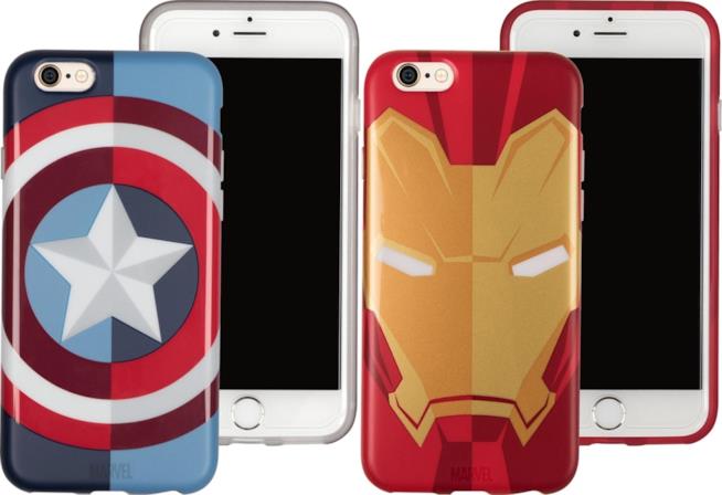 Cover per iPhone6 ispirate a Captain America e Iron Man Due cover per iPhone decorate con lo stemma di Captain America e il casco di Iron Man