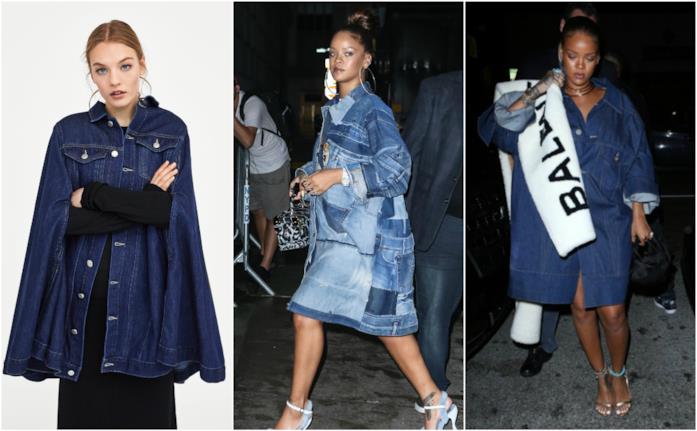 Un poncho in denim di Zara ricorda le giacche lunghe di Rihanna Rihanna e il suo street style in total denim