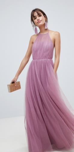 Vestito lungo in tulle allacciato al collo