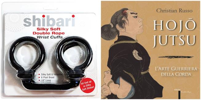 Set di seta per polsi e libro illustrato antica disciplina Hojojutsu arte della corda Le corde di seta e il libro che racconta le origini dello Shibari