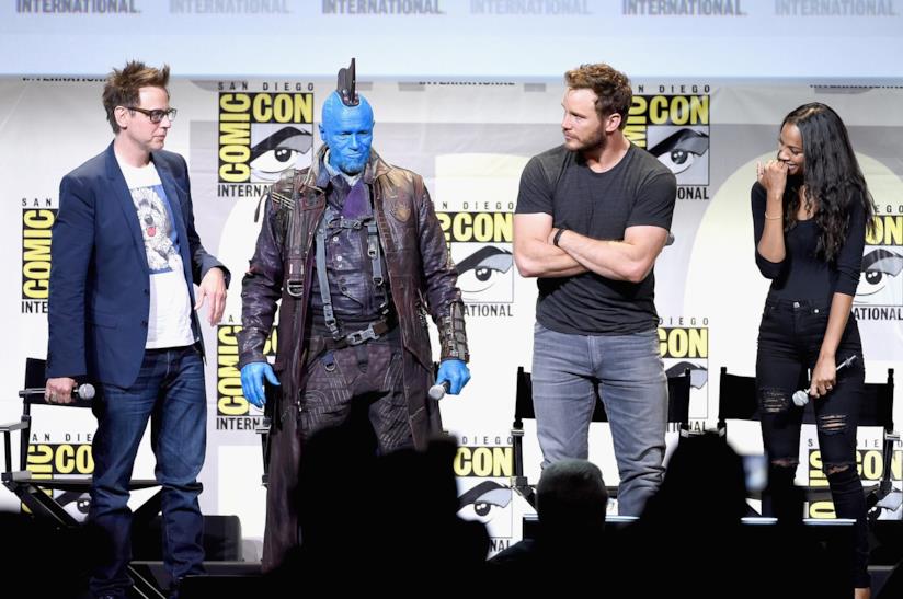 James Gunn, Michael Rooker, Chris Pratt e Zoe Saldana Il regista ed il cast di Guardiani della galassia al comic-con