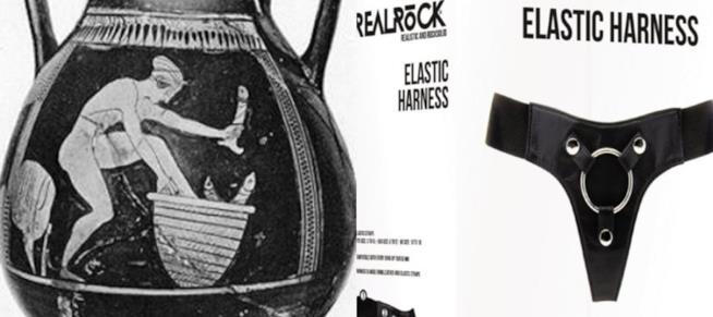 Vaso antica Grecia raffigurante gli Olisboi e uno Strap-on Sex toy antichi e moderni per il Pegging