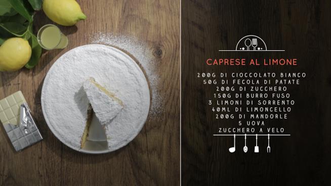 Caprese al limone con cioccolato bianco, mandorle, succo di limone e limoncello Caprese al limone
