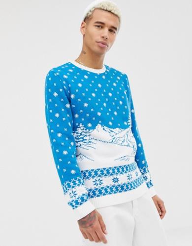 Maglione natalizio blu con motivo di sci