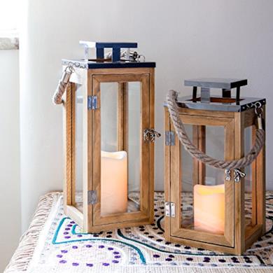 Lanterna in legno con candela LED a pile e manico di corda