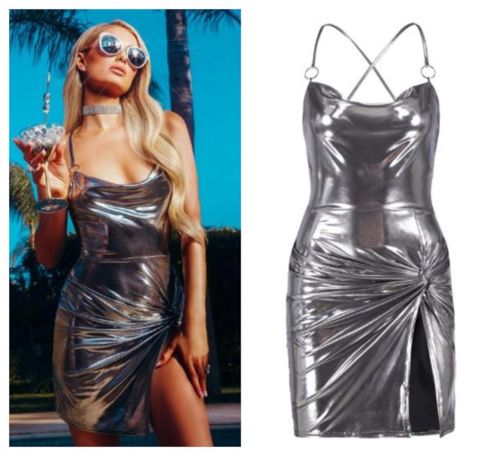 Abito effetto silver di tendenza per l'estate 2018 Grigio metallizzato, l'abito di Paris Hilton moda estate 2018