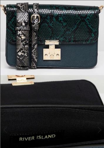 Borsa da spalla con pannello effetto pelle di serpente verde bottiglia
