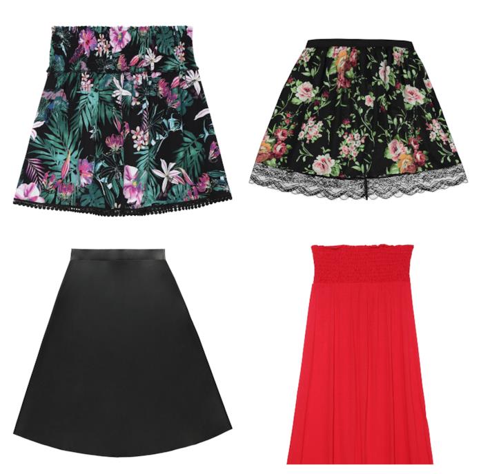 Gonna corta e midi color block e stampa floreale moda estate 2018 Con la stampa floreale, in pizzo e color block, le gonne