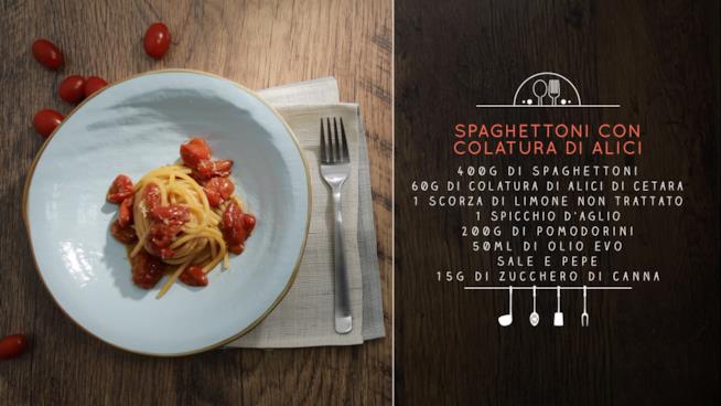 Spaghettoni con colatura di alici e pomodorini Spaghettoni con la colatura di alici