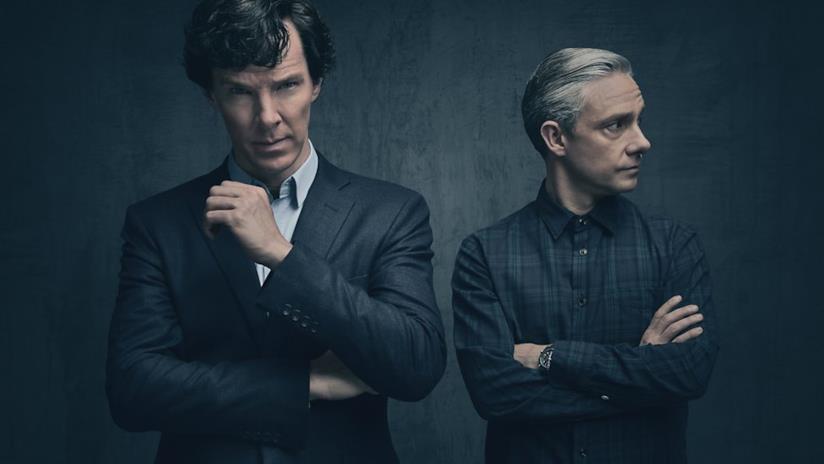 Benedict Cumberbatch e Martin Freeman in Sherlock Sherlock e Watson in una foto promozionale della quarta stagione