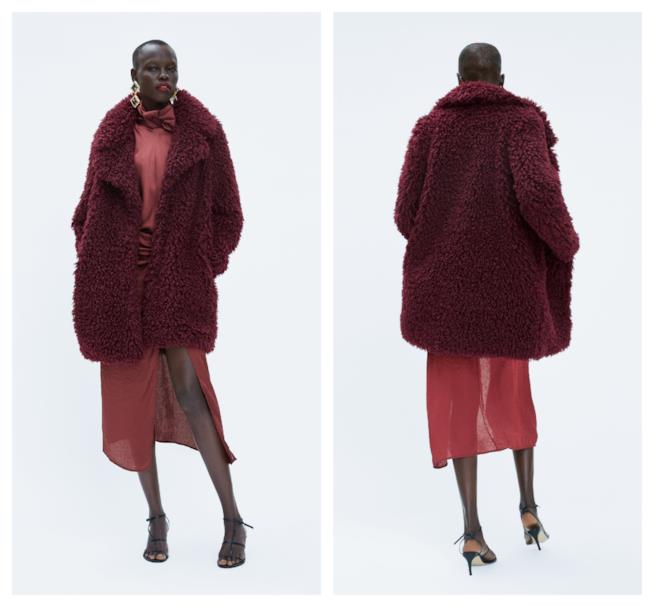 Cappotto di pelliccia sintetica bordeaux moda autunno inverno 2018-2019 Bordeaux, il cappotto di pelliccia sintetica di tendenza A/I 2018-2019