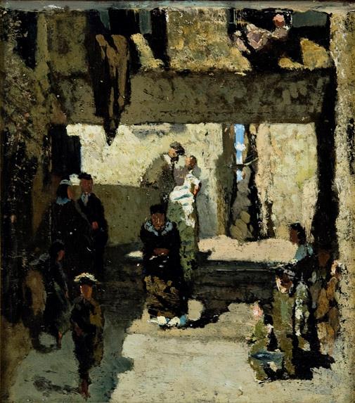 Telemaco Signorini (1835-1901) Il quartiere degli israeliti a Venezia (bozzetto), 1856 Olio su tela, cm 29 x 26 Telemaco Signorini (1835-1901) Il quartiere degli israeliti a Venezia (bozzetto), 1856 Olio su tela, cm 29 x 26