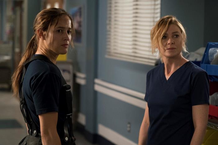 Andy Herrera e Meredith Grey nell'episodio di Grey's Anatomy 14x13 Una scena di Grey's Anatomy 14x13 con Andy e Meredith
