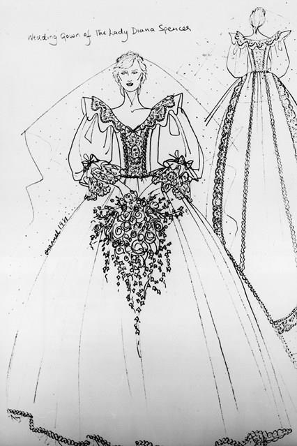 La bozza del vestito da sposa di Diana Il disegno originale del vestito da sposa di Diana