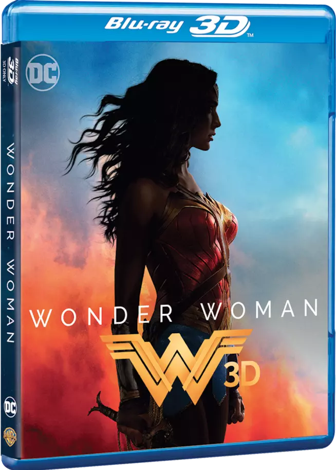 Blu-ray 3D Wonder Woman di profilo su uno sfondo rosso e blu per il cofanetto