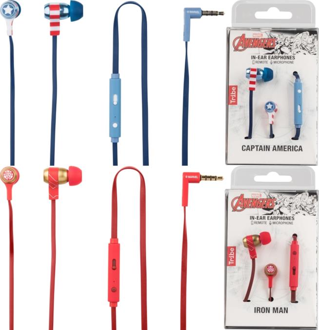 Auricolari nei colori di Captain America e di Iron Man Auricolari di Tribe ispirati a Captain America e Iron Man