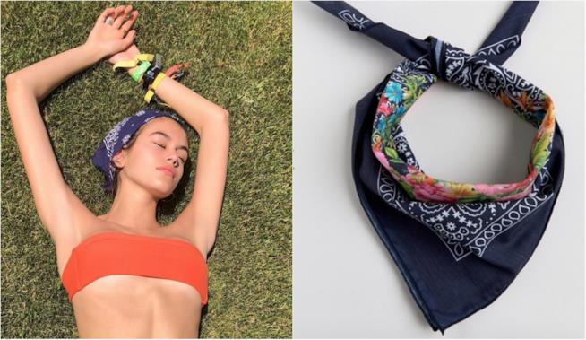 Kaia Gerber: look anni '90 Collage tra Kaia Gerber e la bandana blu