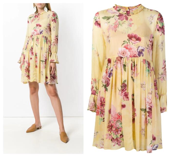 Vestito corto a stampa fiorata giallo di moda per l'autunno 2018 Mini dress a stampa fiorata di tendenza per l'autunno 2018