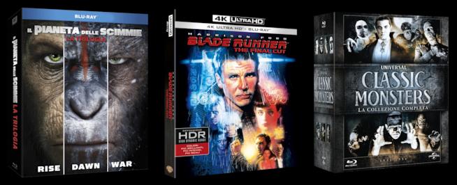 Trilogia Pianeta delle scimmie, Blade Runner Final Cut, Monsters Collection cofanetti blu-ray di Trilogia Pianeta delle scimmie, Blade Runner Final Cut, Monsters Collection