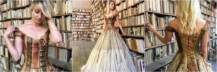 L'abito-libro di Sylvie Facon Il vestito cucito con i dorsi dei libri