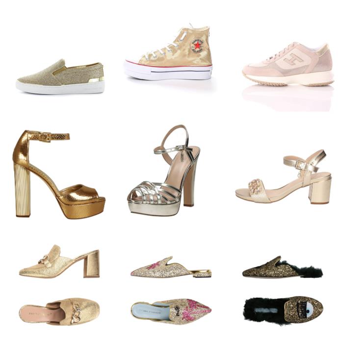 Sneakers, sabot, sandali oro di tendenza per l'estate 2018 Le scarpe dorate di moda per l'estate 2018