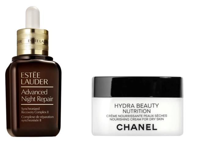 Siero notte Estée Lauder e crema notte Chanel Advanced Night Repair di Estée Lauder e Hydra Beauty Nutrition di Chanel