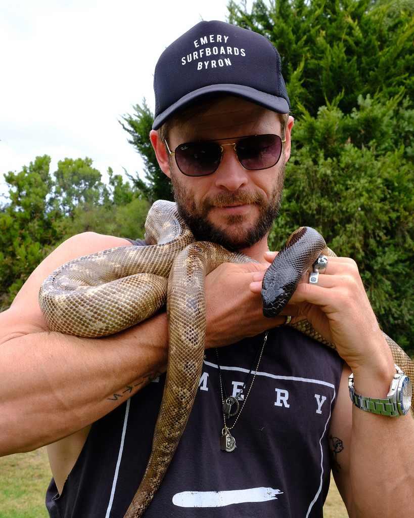 Chris Hemsworth tiene in braccio un serpente Chris Hemsworth con in braccio un serpente
