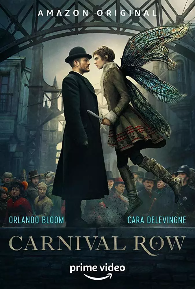 La locandina di Carnival Row con Orlando Bloom e Cara Delevingne Orlando Bloom e Cara Delevingne