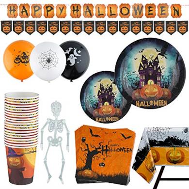 Kompanion Servizio da Tavola da 99 Pezzi a Tema Halloween Banner Piatti Tazze Tovaglioli Tovaglia Serve 20 Persone