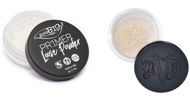 Primer PuroBio e cipria Kat Von D Primer Loose Powder di PuroBio e Lock-It Setting Powder di Kat Von D.