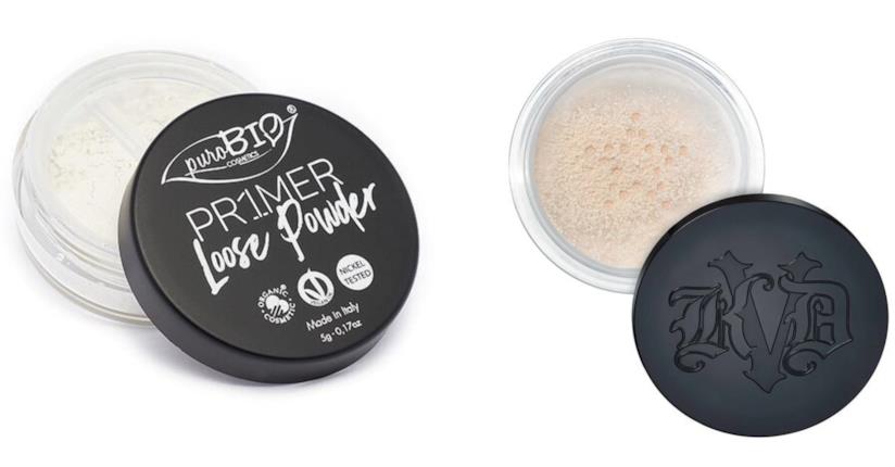 Primer PuroBio e cipria Kat Von D Primer Loose Powder di PuroBio e Lock-It Setting Powder di Kat Von D.
