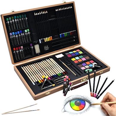 Artina Set pittura e disegno Genova - 89 accessori assortiti: valigetta di legno, matite, colori a cera, acquerelli ecc.