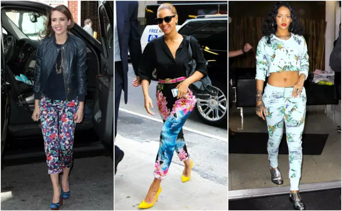Pantaloni a fiori come Rihanna, Beyoncé e Jessica Alba I pantaloni a fiori must have Primavera Estate 2018