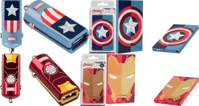 carica batterie e powerbank ispirati a Iron Man e Captain America Caricabatterie da auto e powerbank di Tribe decorati con i simboli di Iron Man e Captain America