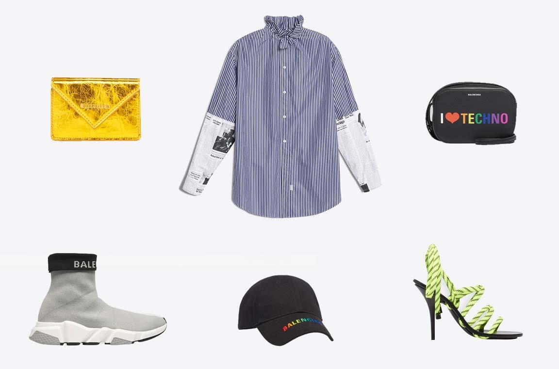 Selezione di capi fra scarpe, camicia, cappello e bag Balenciaga