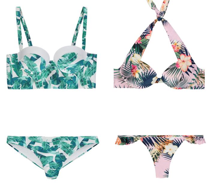 Costumi da bagno Tezenis 2018 due pezzi con fantasia giungla e hawaiano La collezione due pezzi di Tezenis per i costumi da bagno 2018