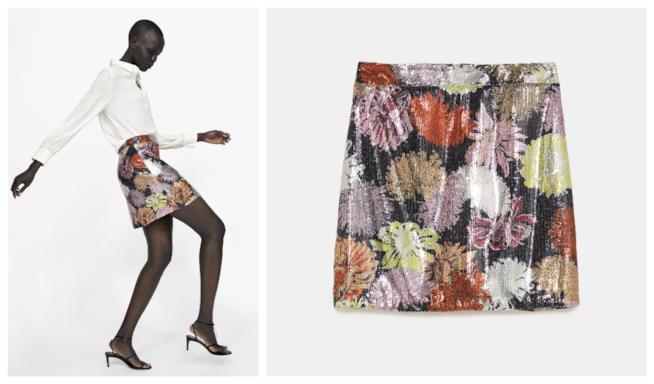 Minigonna con le paillettes a fiori di moda per l'autunno inverno 2018-19 Con le paillettes e mini a fiori, la gonna di Zara per l'A/I 2018-19