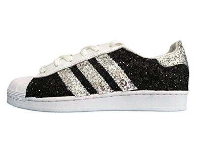 Superstar bianche con tessuto glitter nero e argento