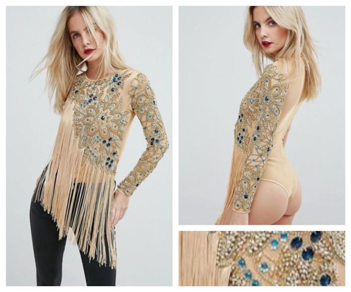 Body monospalla dorato elegante e di tendenza per l'estate 2018 Il body con le maniche lunghe e le frange oro di moda per l'estate 2018