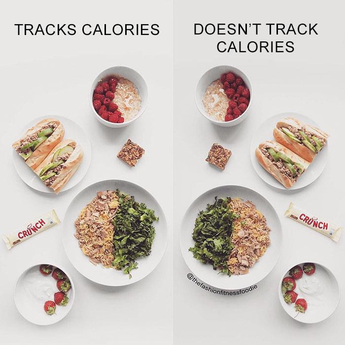 Il pranzo di chi conta le calorie e quello di chi non lo fa Due pranzi identici a confronto