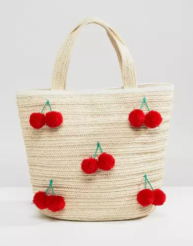 Borsa in paglia beige con ciliegie