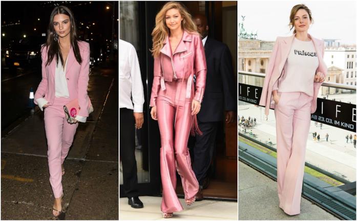 Emily Ratajkowski, Gigi Hadid e Rebecca Ferguson indossano pantaloni in Millennial Pink Le star che indossano i pantaloni in Millennial Pink