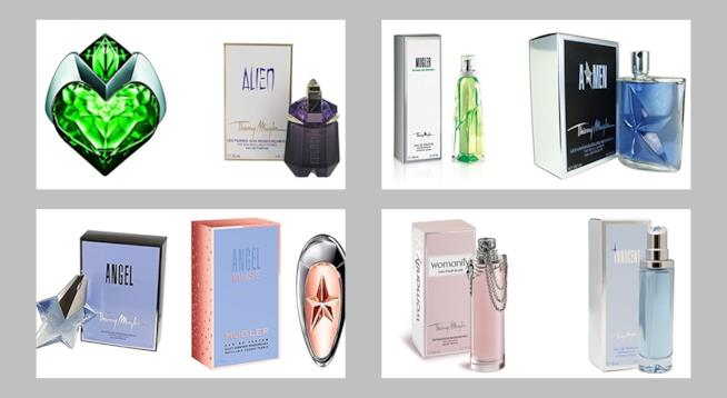 La collezione di profumi Thierry Mugler Alien, Aura, Angel, Angel Muse, Cologne Mugler, AMen, Womanity e Angel Innocent