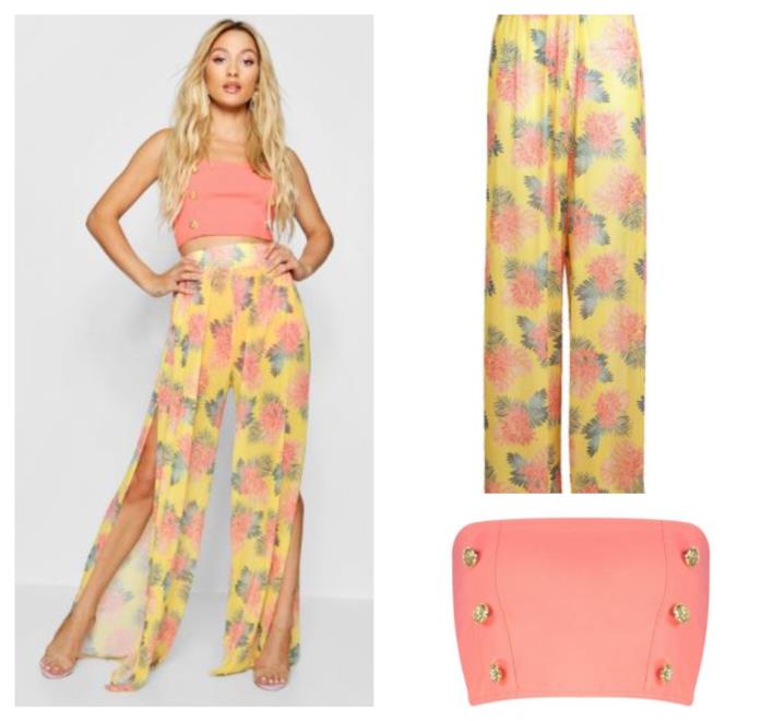 Pantaloni stampa floreale e top corallo di tendenza per l'estate 2018 Floreali, i pantaloni con spacchi frontali della collezione Paris Hilton for Boohoo