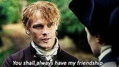 Jamie dichiara la propria amicizia a Lord Grey in Outlander Sam Heughan e David Berry in un episodio della terza stagione di Outlander