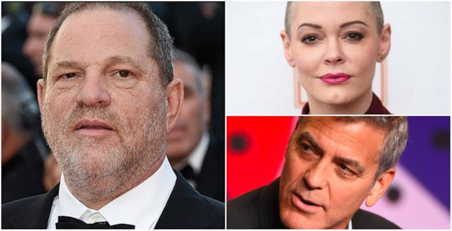 Rose McGowan e George Clooney intervengono sul caso Weinstein Un collage tra Harvey Weinstein, Rose McGowan e George Clooney