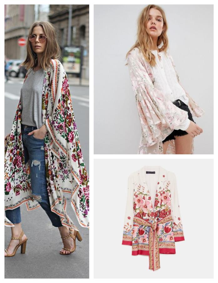 Kimono abbinato ai jeans sdruciti moda P/E 2018 Con i jeans sdruciti, il kimono di tendenza per l'estate