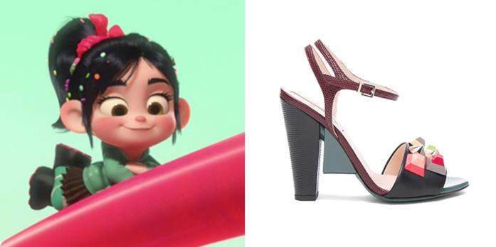 Fendi: i sandali di Vanellope von Schweetz Un collage tra Vanellope von Schweetz e i sandali Fendi