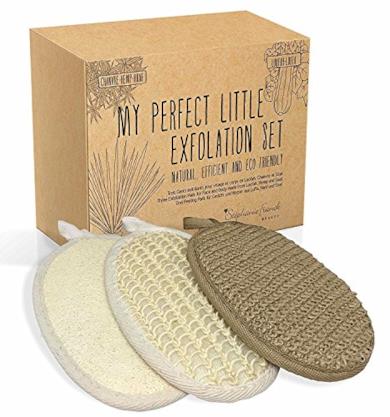 Set Esfoliante 3 Guanti per Peeling Corpo e Viso realizzati in spugna Loofah, Fibre di Canapa e Sisal - Esfoliante e Purificante