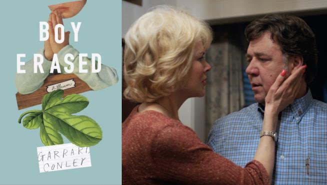 Boy Erased: la copertina del libro ed una scena del film La copertina di Boy Erased ed un'immagine delfilm con Nicole Kidman e Russell Crowe